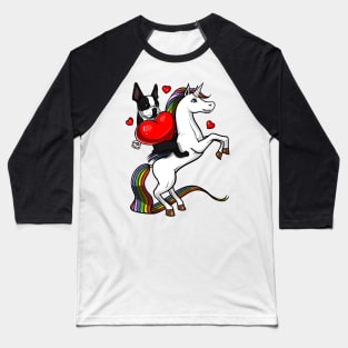 Boston Terrier Dog Riding Unicorn Baseball T-Shirt